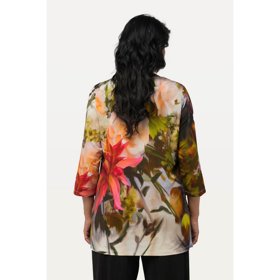 Ulla Popken Maglia Slinky Floreale Scollo a Cuore Maniche 3/4  