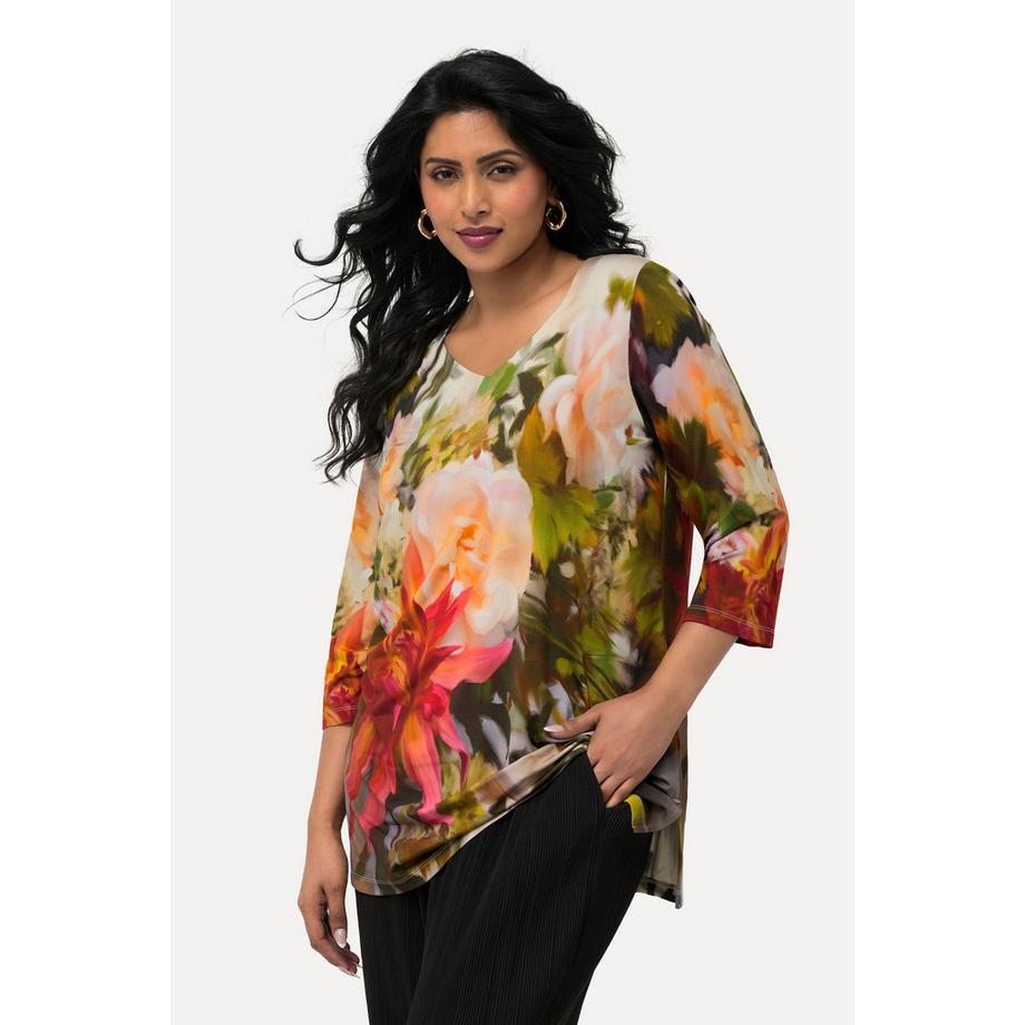 Ulla Popken Maglia Slinky Floreale Scollo a Cuore Maniche 3/4  