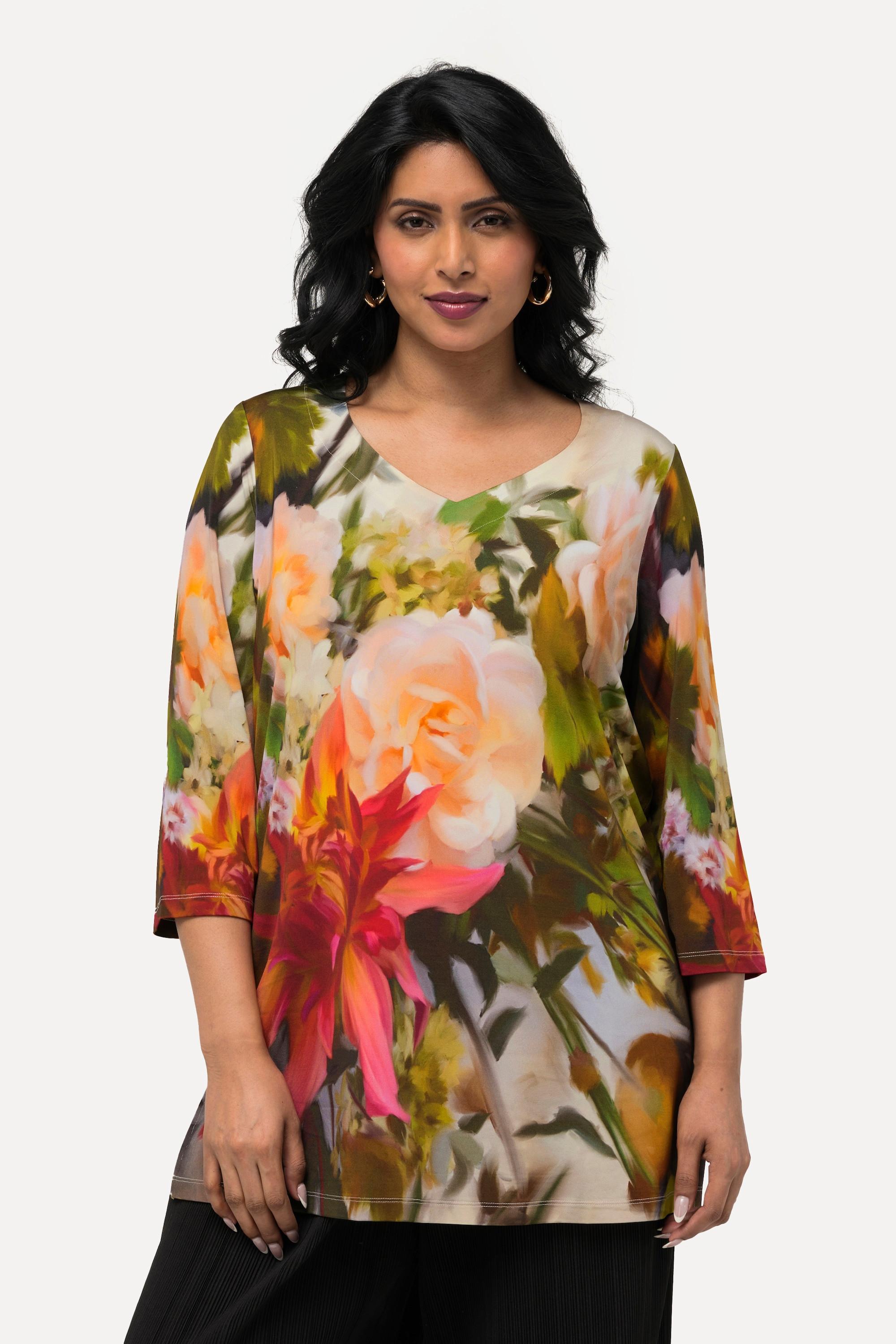 Ulla Popken  Slinkyshirt, Blüten, Classic, Herzausschnitt, 3/4-Arm 