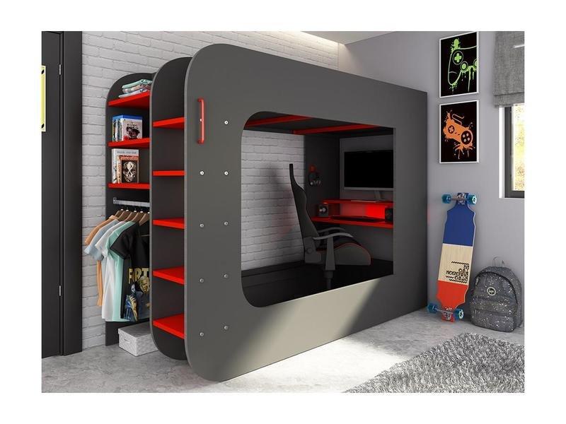 Vente-unique Hochbett mit GamingSchreibtisch Stauraum Mit LEDs + Matratze WARRIOR  