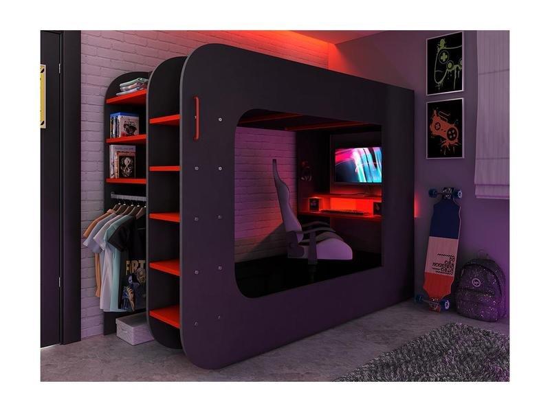 Vente-unique Hochbett mit GamingSchreibtisch Stauraum Mit LEDs + Matratze WARRIOR  