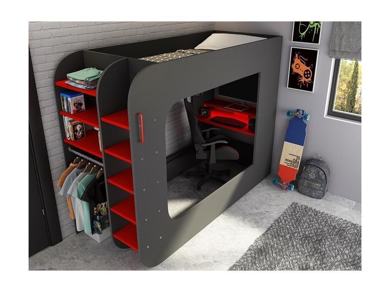 Vente-unique Hochbett mit GamingSchreibtisch Stauraum Mit LEDs + Matratze WARRIOR  