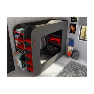 Vente-unique Hochbett mit GamingSchreibtisch Stauraum Mit LEDs + Matratze WARRIOR  