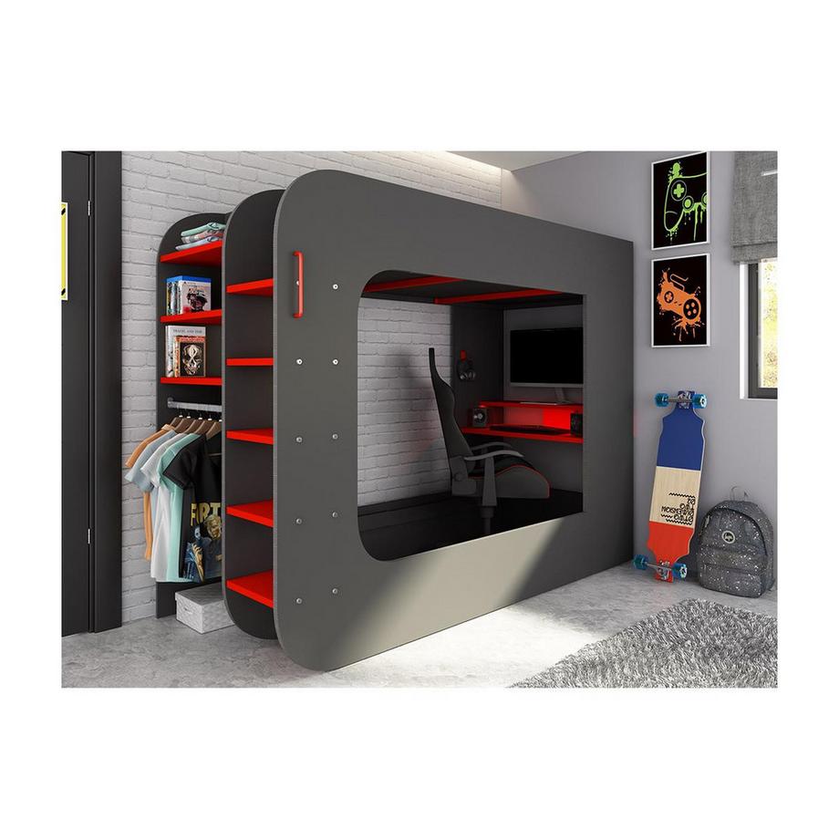 Vente-unique Letto a soppalco Gamer + materasso con scrivania scomparti e LED Antracite e Rosso WARRIOR  