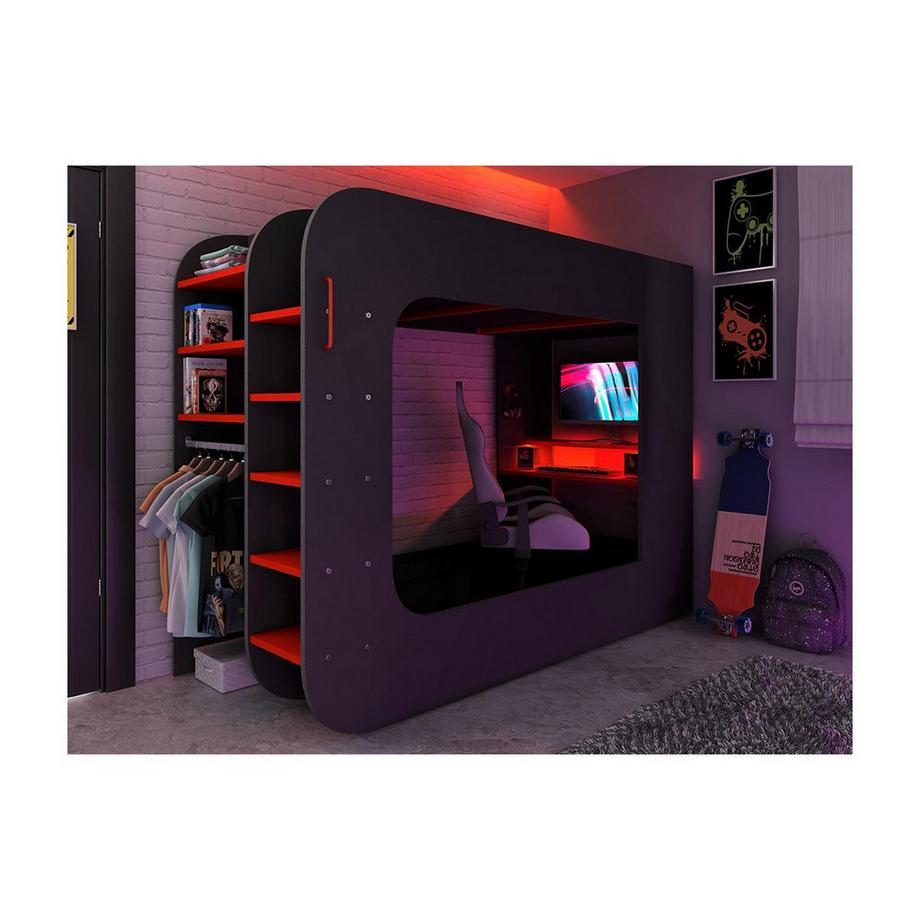 Vente-unique Letto a soppalco Gamer + materasso con scrivania scomparti e LED Antracite e Rosso WARRIOR  