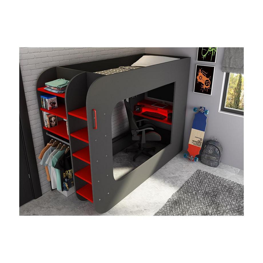 Vente-unique Letto a soppalco Gamer + materasso con scrivania scomparti e LED Antracite e Rosso WARRIOR  