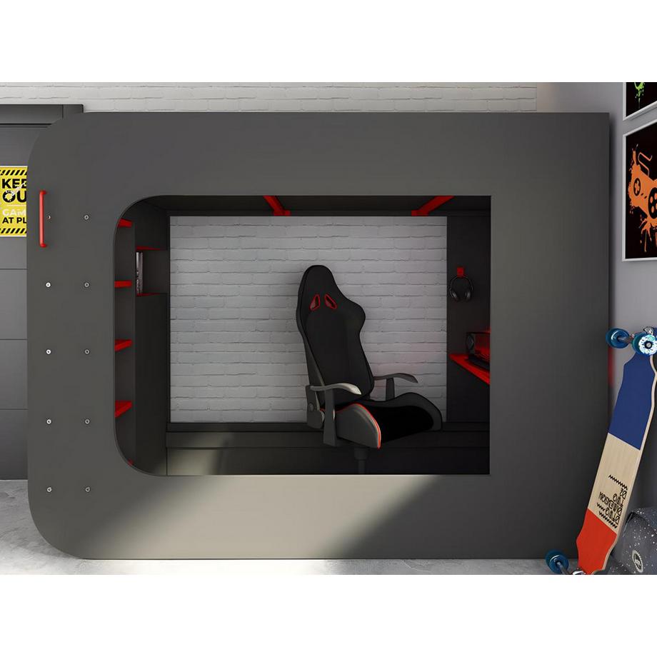 Vente-unique Letto a soppalco Gamer + materasso con scrivania scomparti e LED Antracite e Rosso WARRIOR  