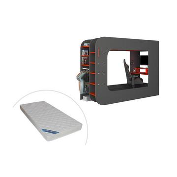 Letto a soppalco Gamer + materasso con scrivania scomparti e LED Antracite e Rosso WARRIOR