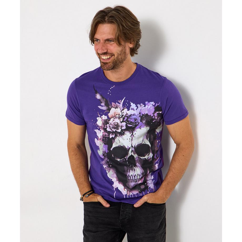 T-shirt à col rond avec motif crâne fleuri