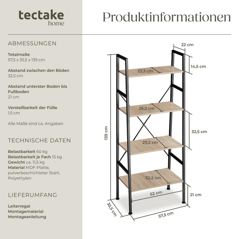 Tectake Leiterregal Newcastle Industrial Style Holz und Stahl  