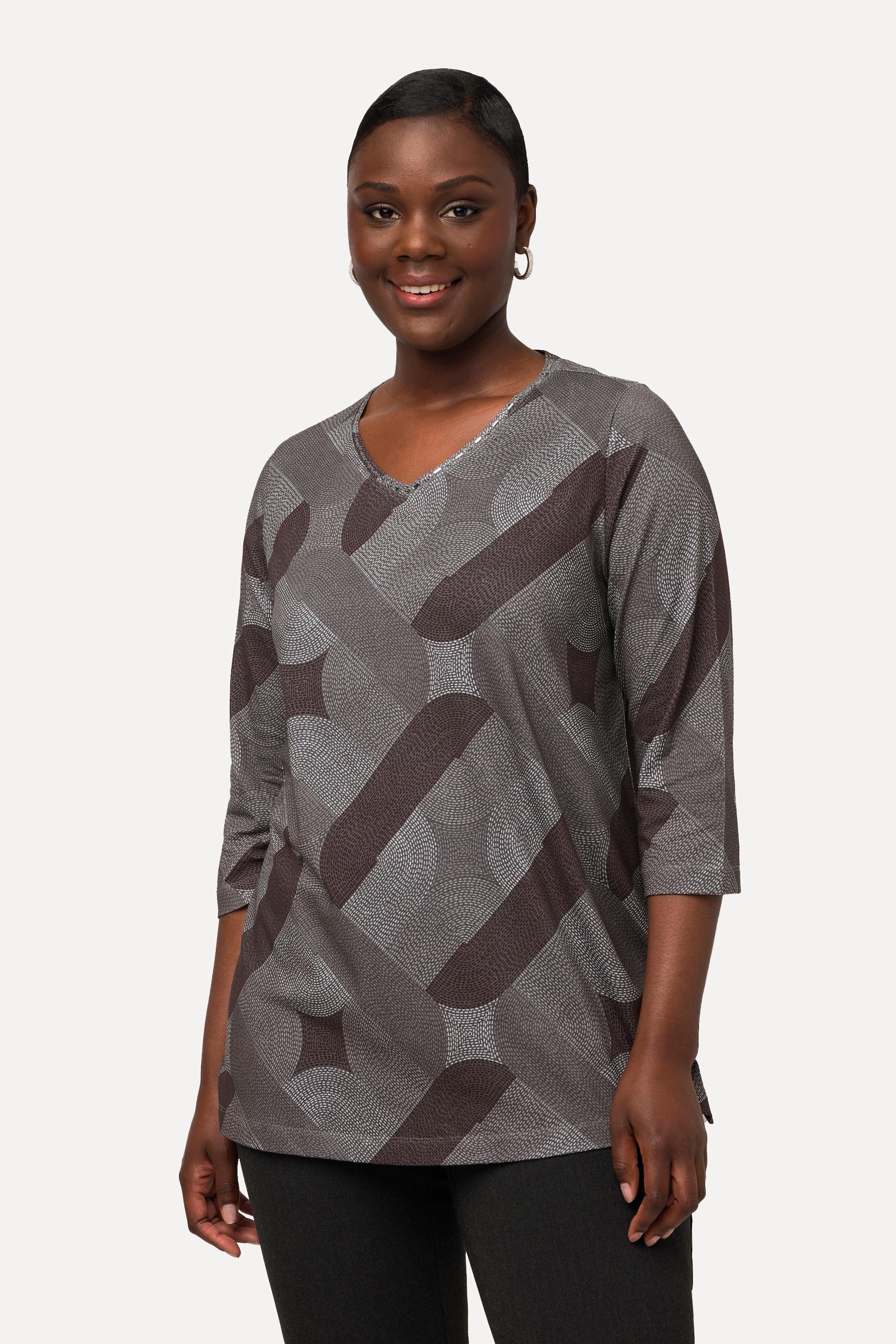 Ulla Popken  Shirt, A-Linie, V-Ausschnitt, 3/4-Arm, Pima Cotton 