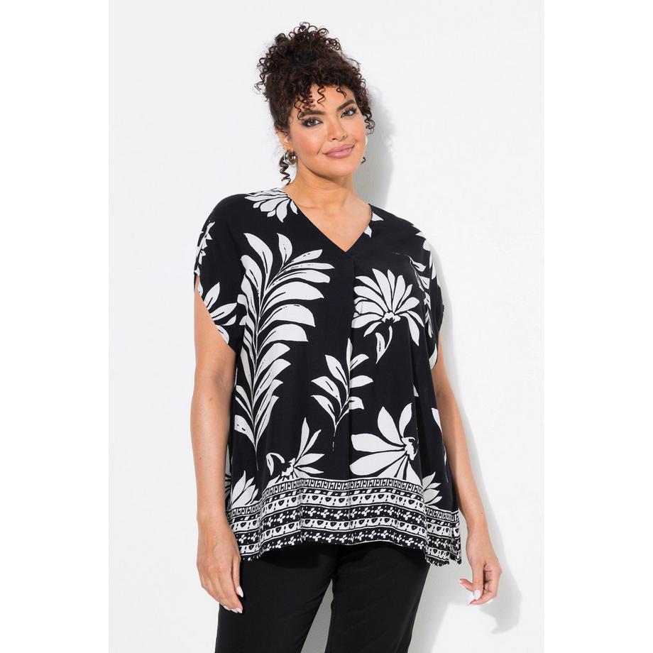 Ulla Popken Blüten Oversized V-Ausschnitt Halbarm Tunika  