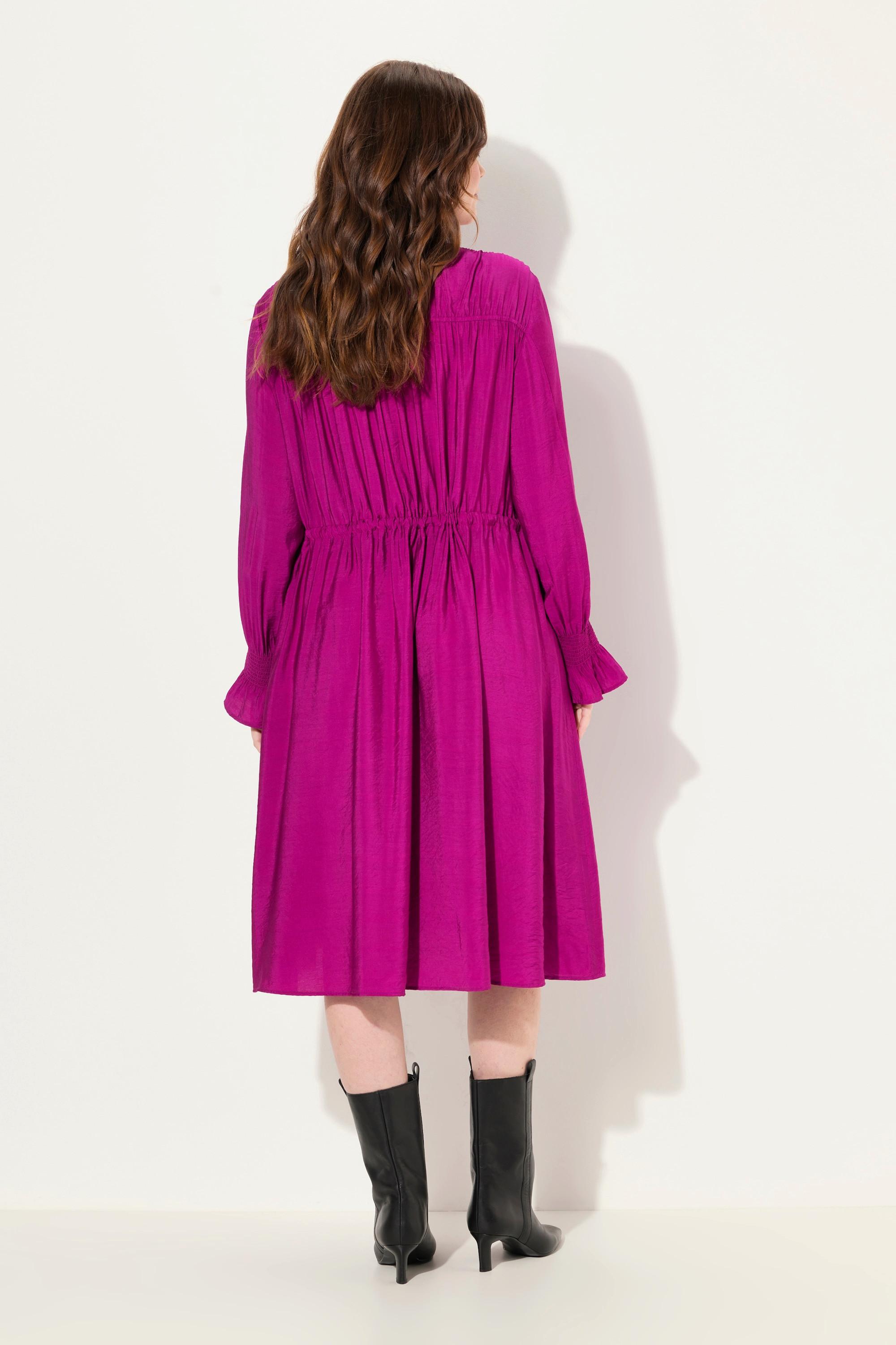 Ulla Popken Abito Taglio Svasato Collo Alto Ruche Maniche Lunghe  