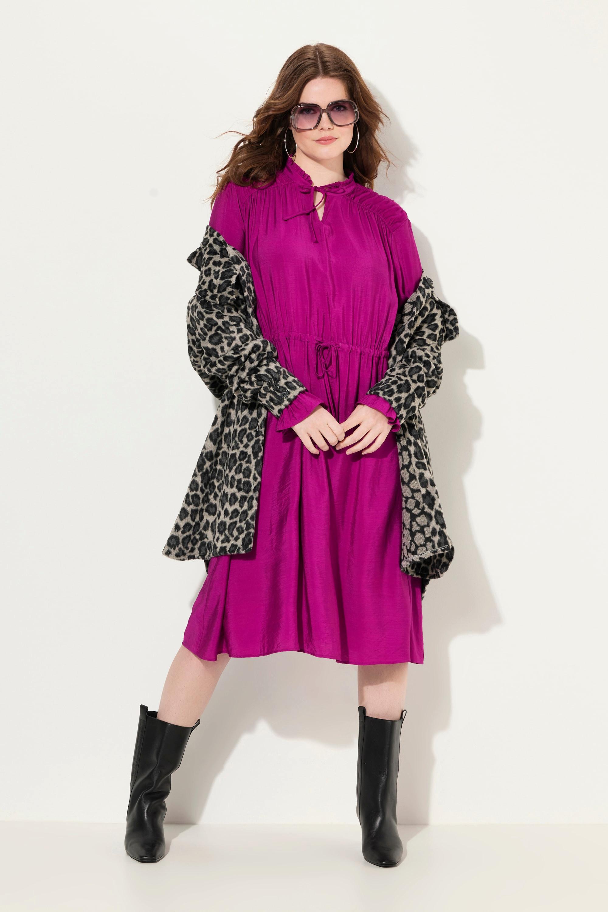 Ulla Popken Robe Coupe Trapèze Col Montant Ruchés Manches Longues  