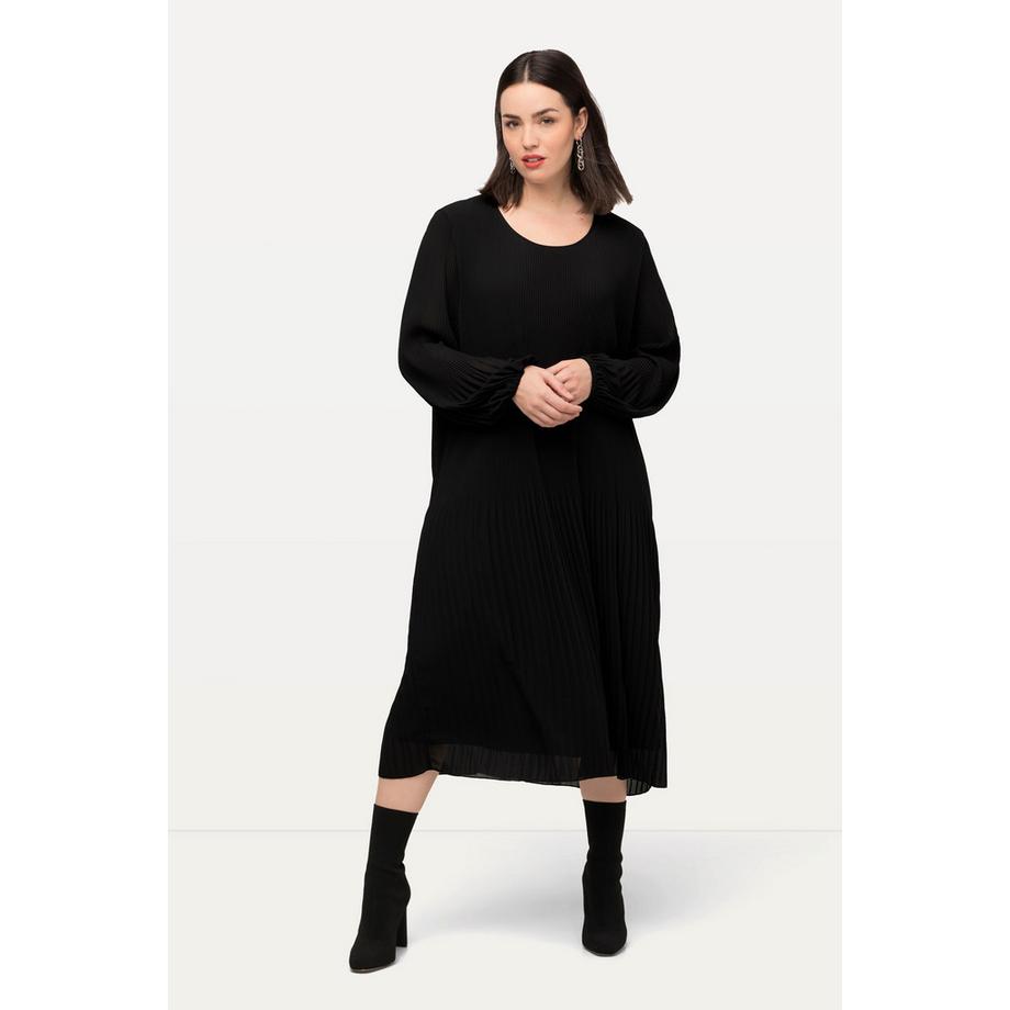 Ulla Popken Robe Midi Plissée Coupe A Col Rond Manches Longues  