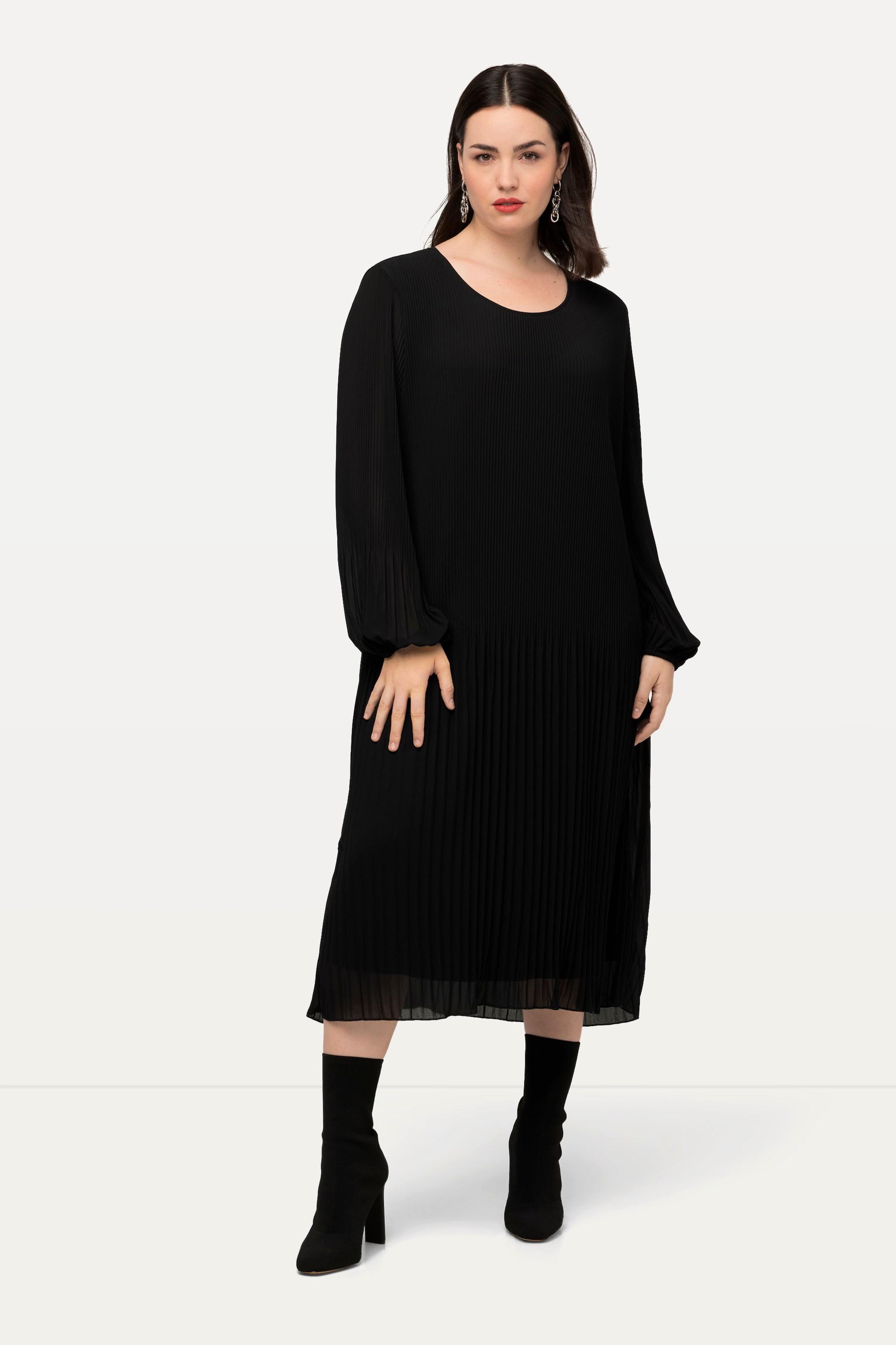 Ulla Popken Plissee Midikleid A-Linie Rundhals Langarm  