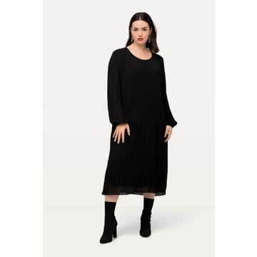 Robe midi plissée, silhouette en A, col rond et manches longues