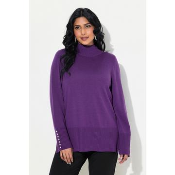 Pull en soie et laine, manches longues avec perles fantaisie, col montant