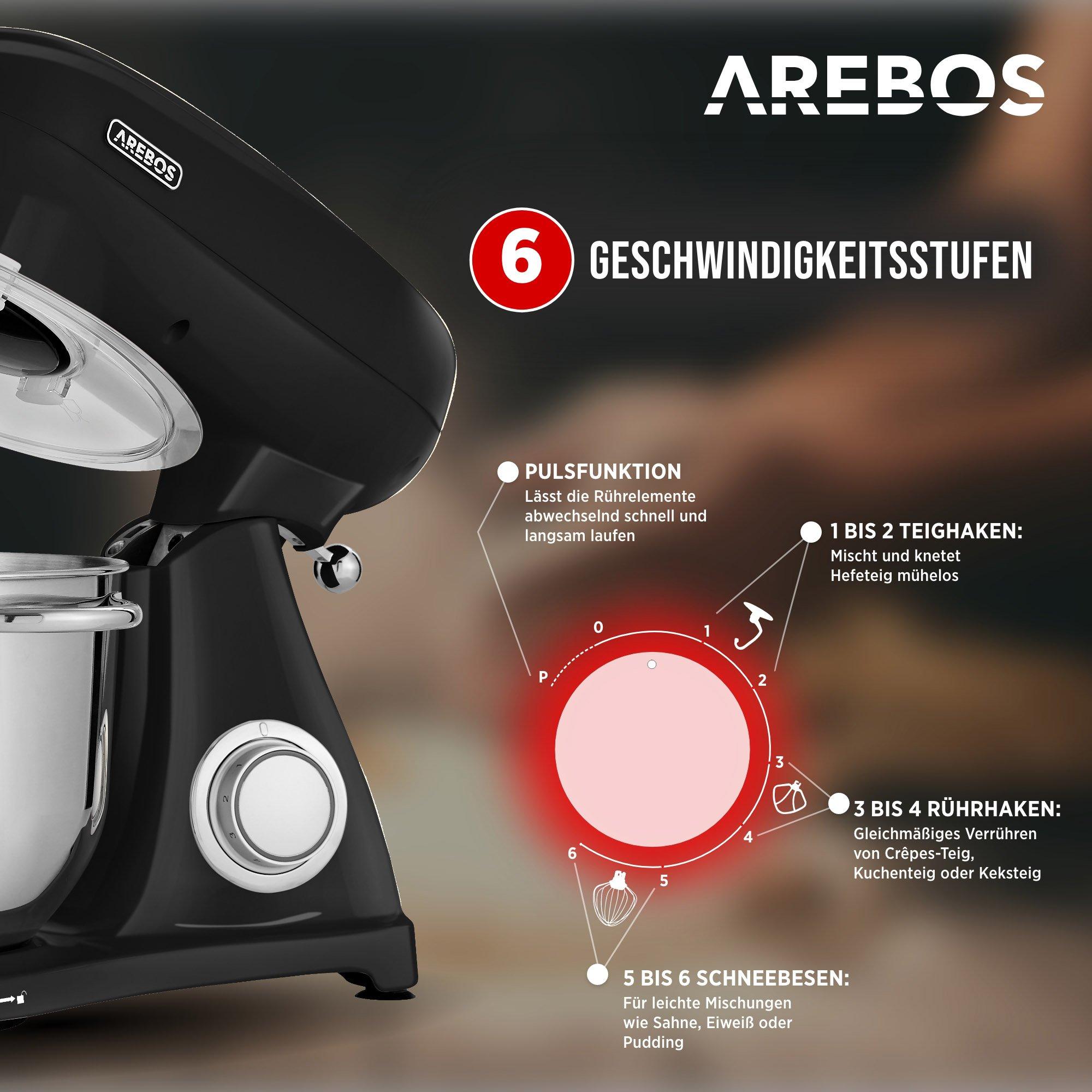 Arebos Robot de Cuisine 1800W 6L Acier inoxydable-Bol mélangeur 6 étapes  