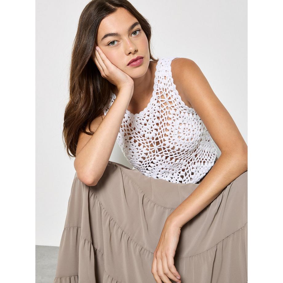 APRICOT Top Court au Crochet Tricoté Main Motif Losange  