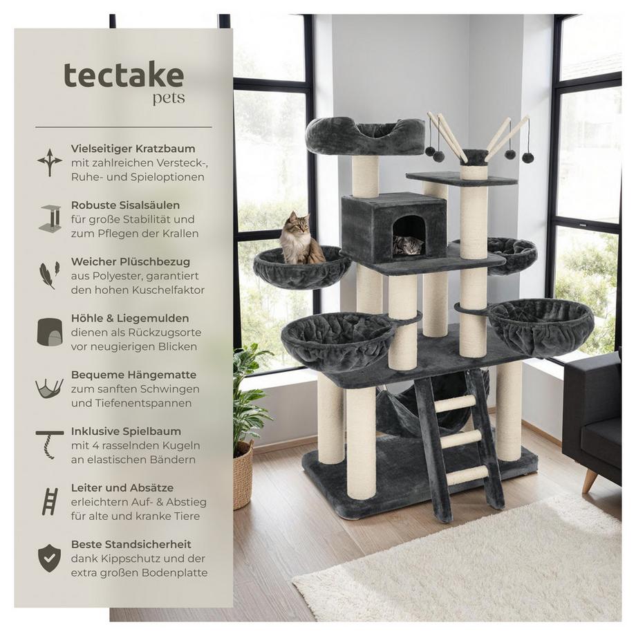Tectake  Arbre à chat GISMO 195 cm avec griffoir et plateforme d'escalade 