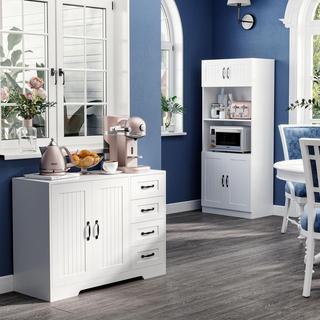 Northio Buffet Meuble D'Appoint Blanc Avec 4 Tiroirs, Étagère Réglable Et Protection Contre L'Inclinaison, Pour Cuisine Et Salon  
