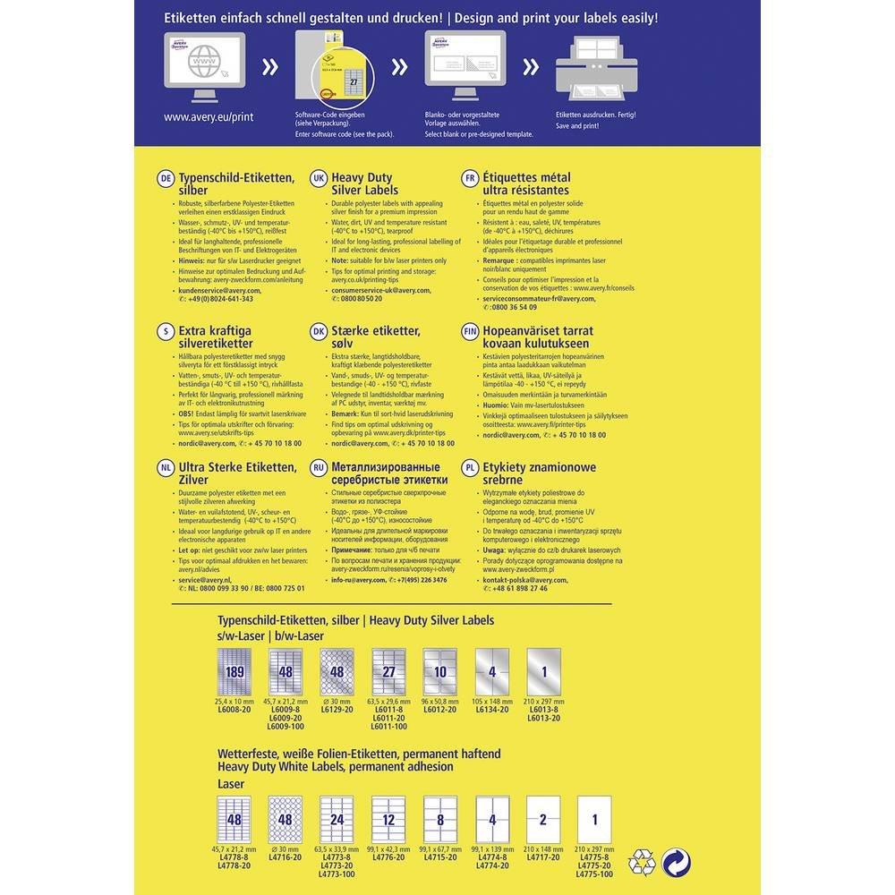 Avery-Zweckform Typenschild-Etiketten 210 x 297 mm Polyester-Folie Silber 20 St. Permanent haftend Laserdrucker  