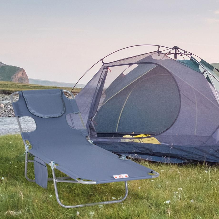 Northio Chaise longue de jardin pliante avec fenêtre de lecture, oreiller, chaise longue avec dossier réglable en 5 directions, chaise longue de camping résistante aux intempéries pouvant supporter jusqu'à 120 kg, pour jardin, plage, piscine, gris  