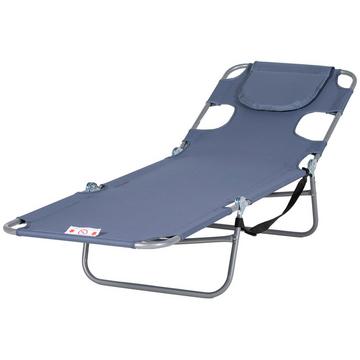 Sonnenliege klappbar Gartenliege mit Lesefenster, Kopfkissen, Liegestuhl mit 5-Fach verstellbare Rückenlehne, wetterfeste Campingliege bis 120 kg belastbar, für Garten Strand Pool, Grau