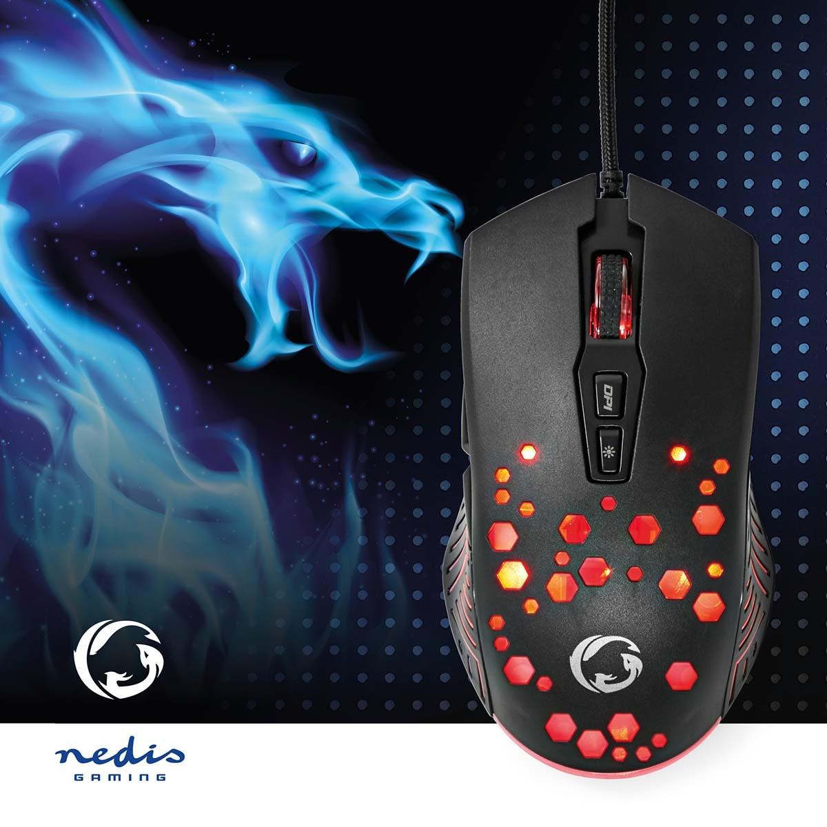 Nedis  Souris de jeu | Filaire | 800 / 1200 / 2400 / 3200 / 4800 / 7200 dpi | DPI réglable | Nombre de boutons : 7 | Boutons programmables | Droitier | 1,50 m | RGB 