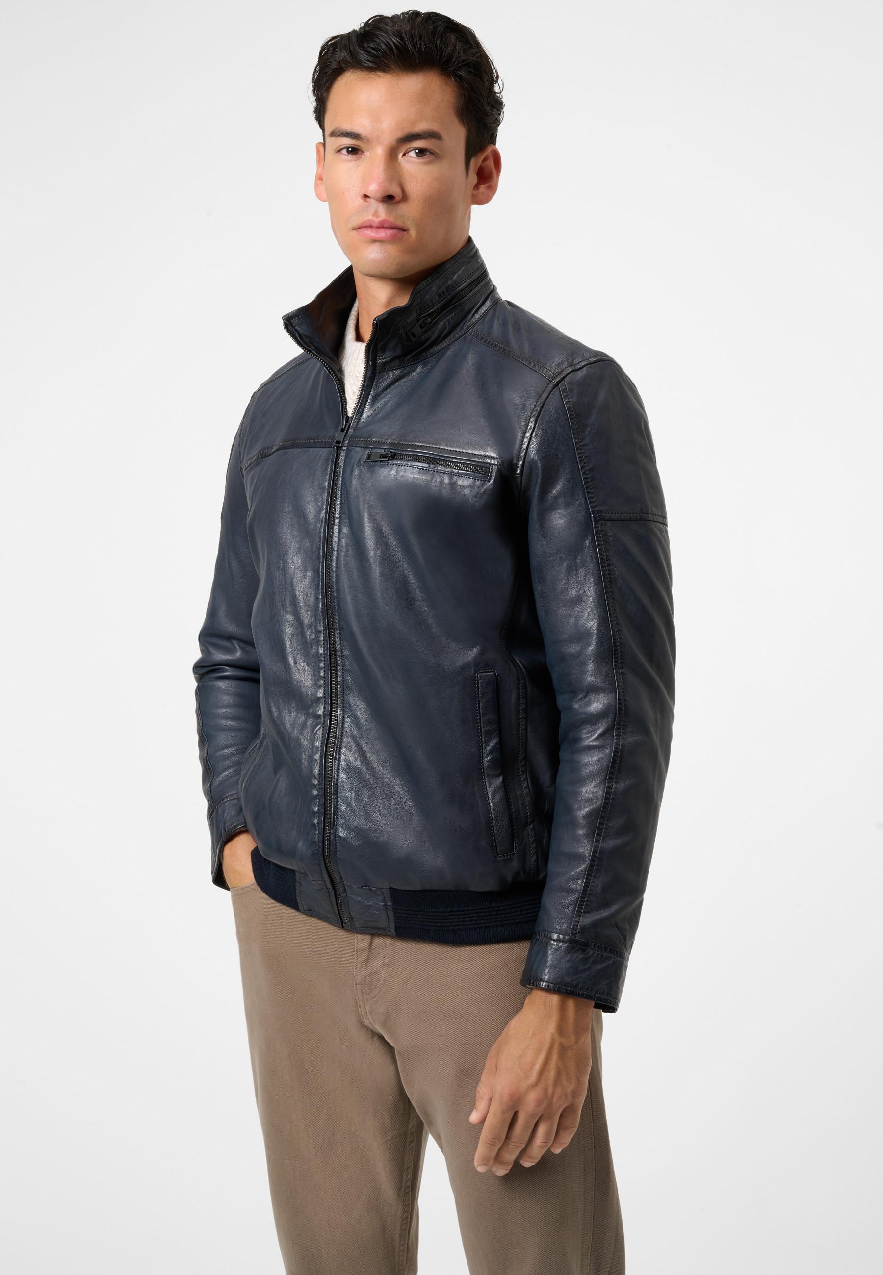 RICANO  Giacca in pelle da uomo Ricma in stile blouson con collo alla coreana 