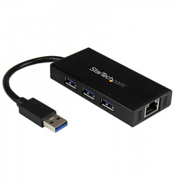 STARTECH  Hub USB 3.0 (5Gbps) a 3 porte portatile con NIC Gigabit Ethernet - In alluminio con cavo integrato 