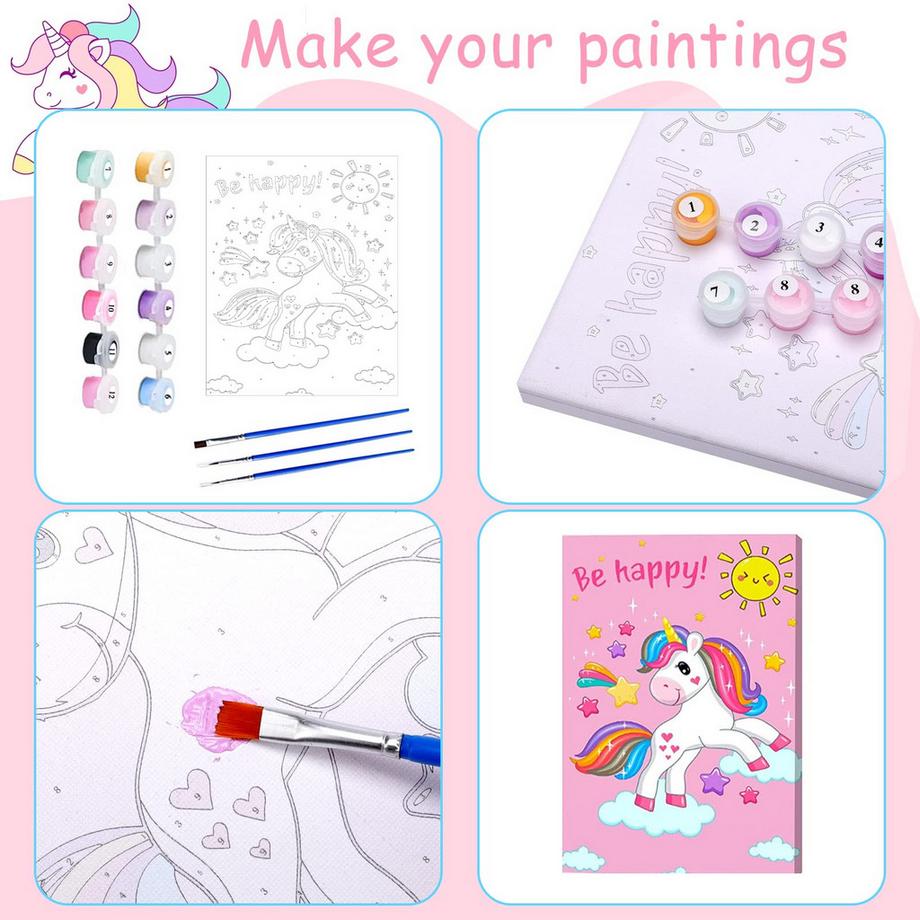 Activity-board  Malen nach Zahlen Kinder Einhorn, Bunte Einhorn Welt, Mädchen Malen nach Zahlen Bastelset mit Pinsel und Acrylfarben 