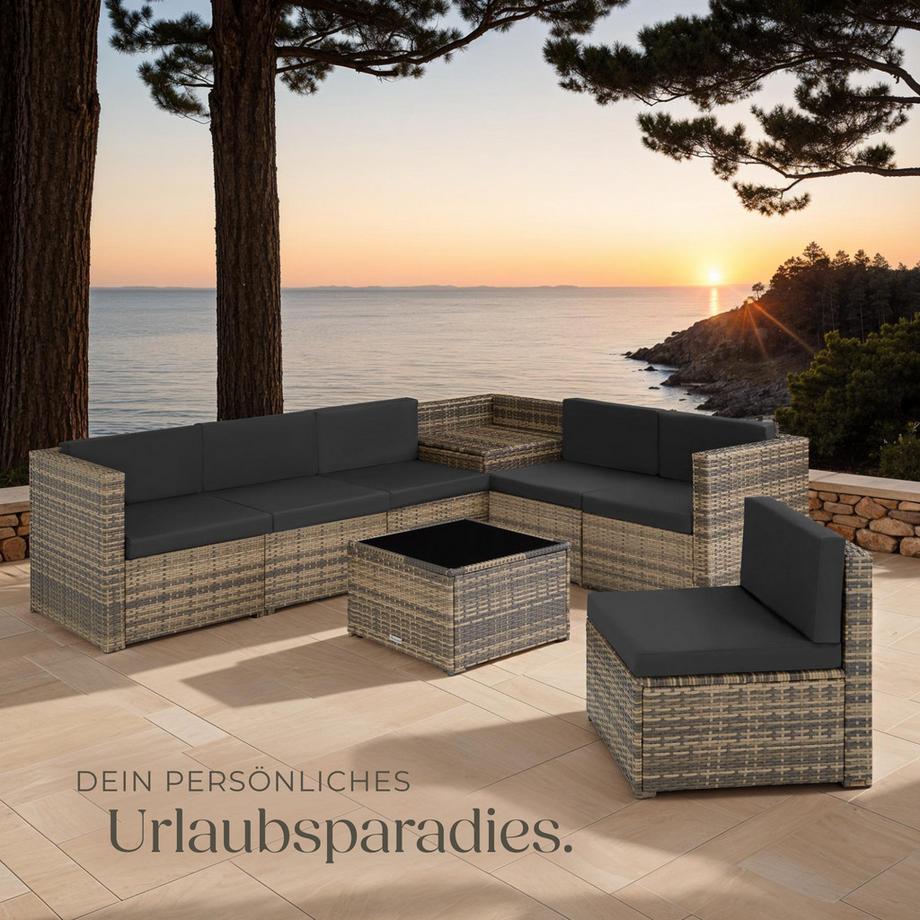 Tectake Rattan Lounge Set 9pcs - Modular UV-Resistant Polyrattan, Outdoor Furniture, Cushions, Weatherproof  