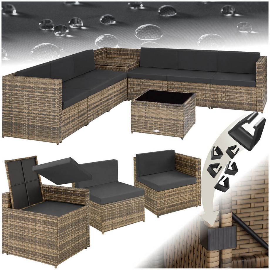 Tectake Rattan Lounge Set 9pcs - Modular UV-Resistant Polyrattan, Outdoor Furniture, Cushions, Weatherproof  