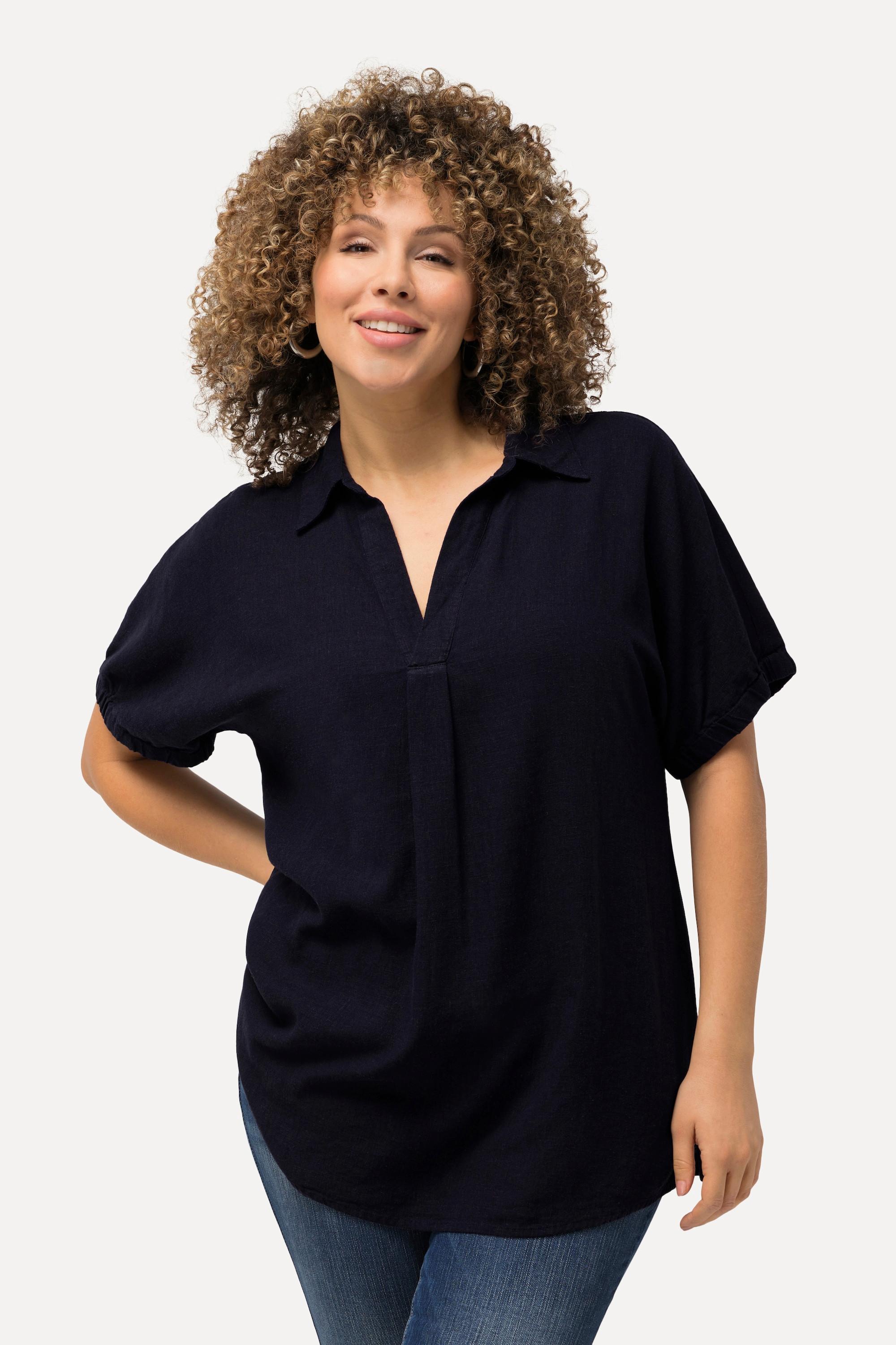 Ulla Popken  Blusa dal taglio oversize in misto lino con scollo a V e mezze maniche 