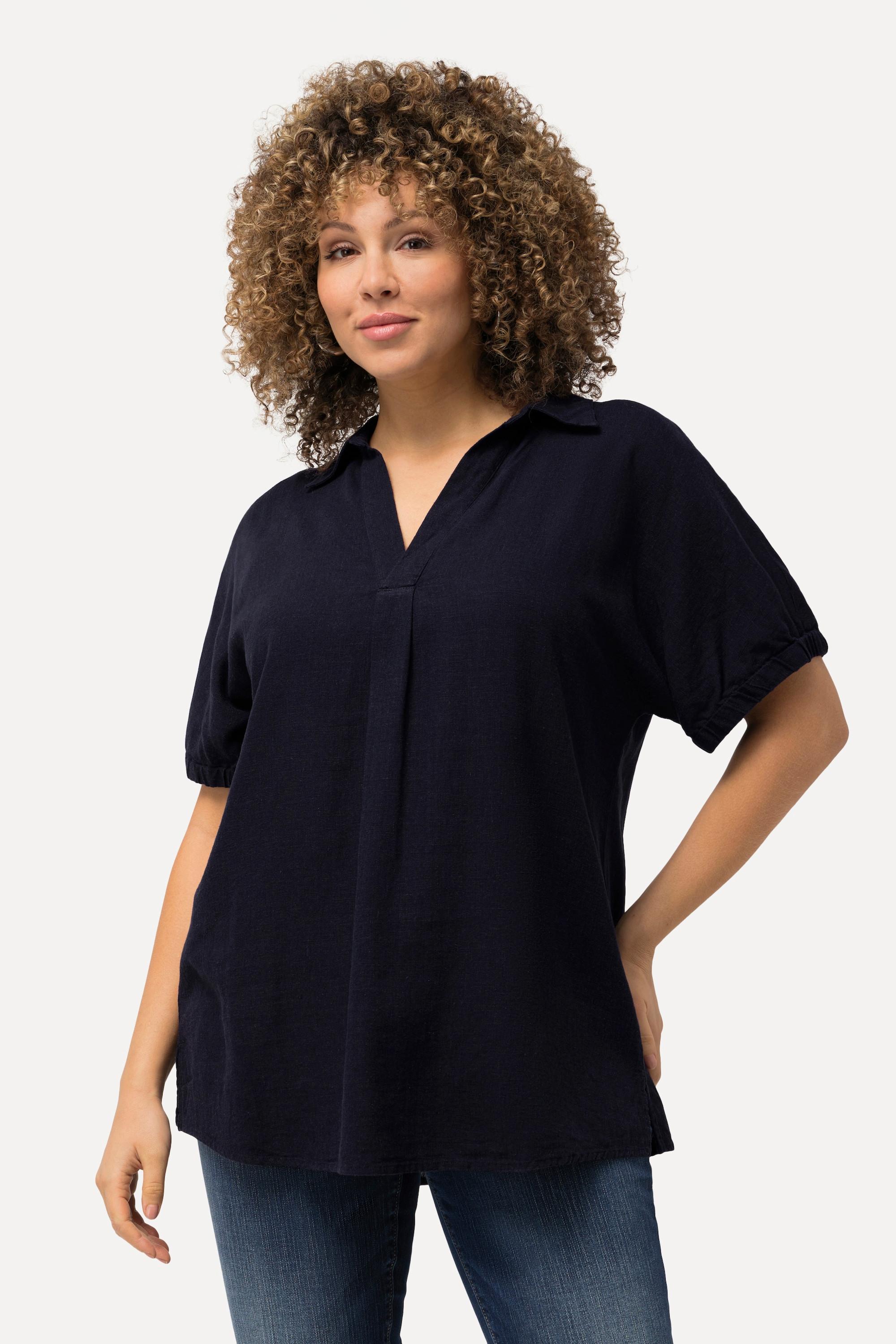 Ulla Popken  Bluse, Leinenmix, Oversized, V-Ausschnitt, Halbarm 