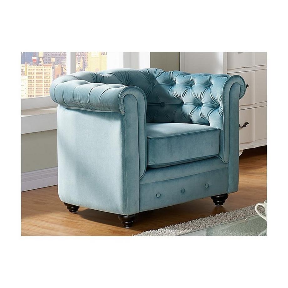 Vente-unique Canapés 3 places et 2 places et fauteuil en velours bleu pastel CHESTERFIELD  