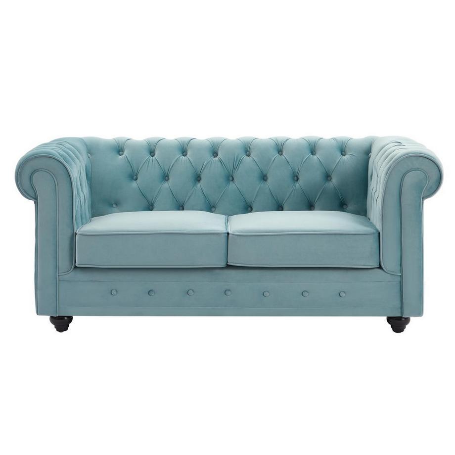 Vente-unique Canapés 3 places et 2 places et fauteuil en velours bleu pastel CHESTERFIELD  