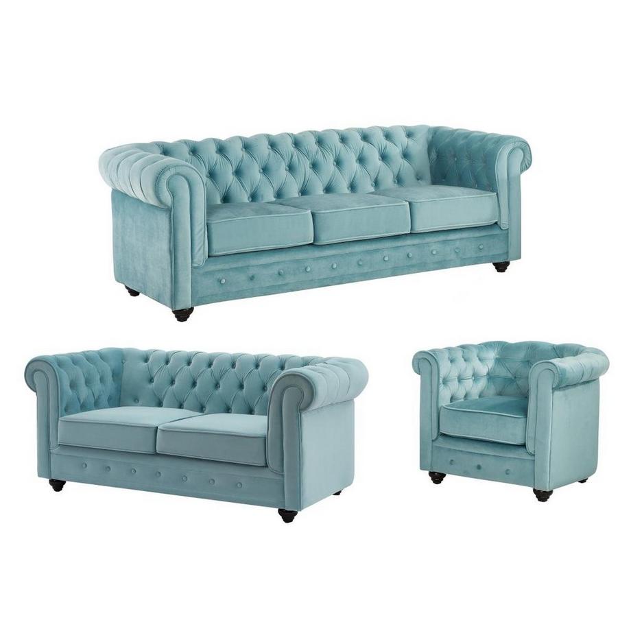 Canapés 3 places et 2 places et fauteuil en velours bleu pastel CHESTERFIELD