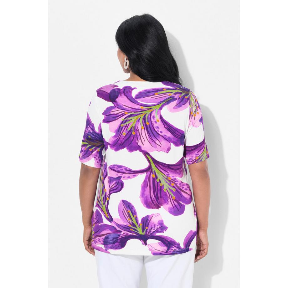 Ulla Popken T-Shirt Classique à Fleurs Col V Manches Courtes  