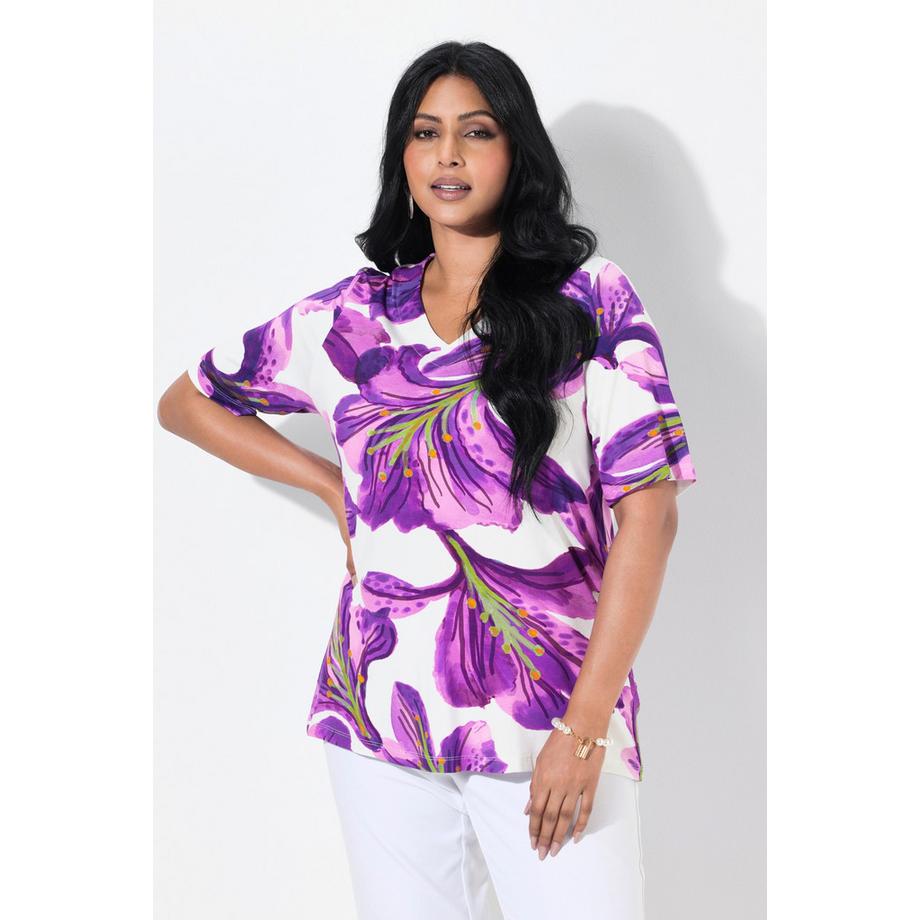 Ulla Popken T-Shirt Classique à Fleurs Col V Manches Courtes  