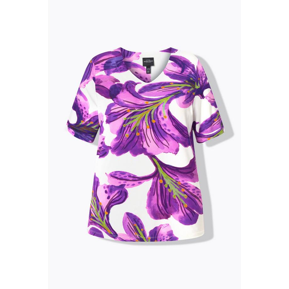 Ulla Popken T-Shirt Classique à Fleurs Col V Manches Courtes  
