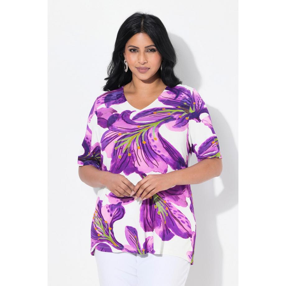 Ulla Popken T-Shirt Classique à Fleurs Col V Manches Courtes  