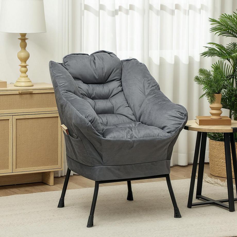 Northio Sessel Wohnzimmer Loungesessel Gepolstert Relaxsessel mit Seitentasche, Stahlbeine Polstersessel mit Samtoptik, Einzelsessel für Schlafzimmer, Grau Aosom  