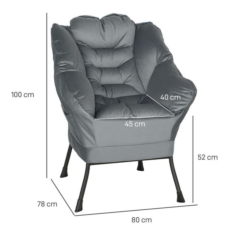 Northio Sessel Wohnzimmer Loungesessel Gepolstert Relaxsessel mit Seitentasche, Stahlbeine Polstersessel mit Samtoptik, Einzelsessel für Schlafzimmer, Grau Aosom  