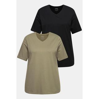 Ulla Popken  T-shirt di cotone biologico in confezione doppia con scollo a V e mezze maniche 