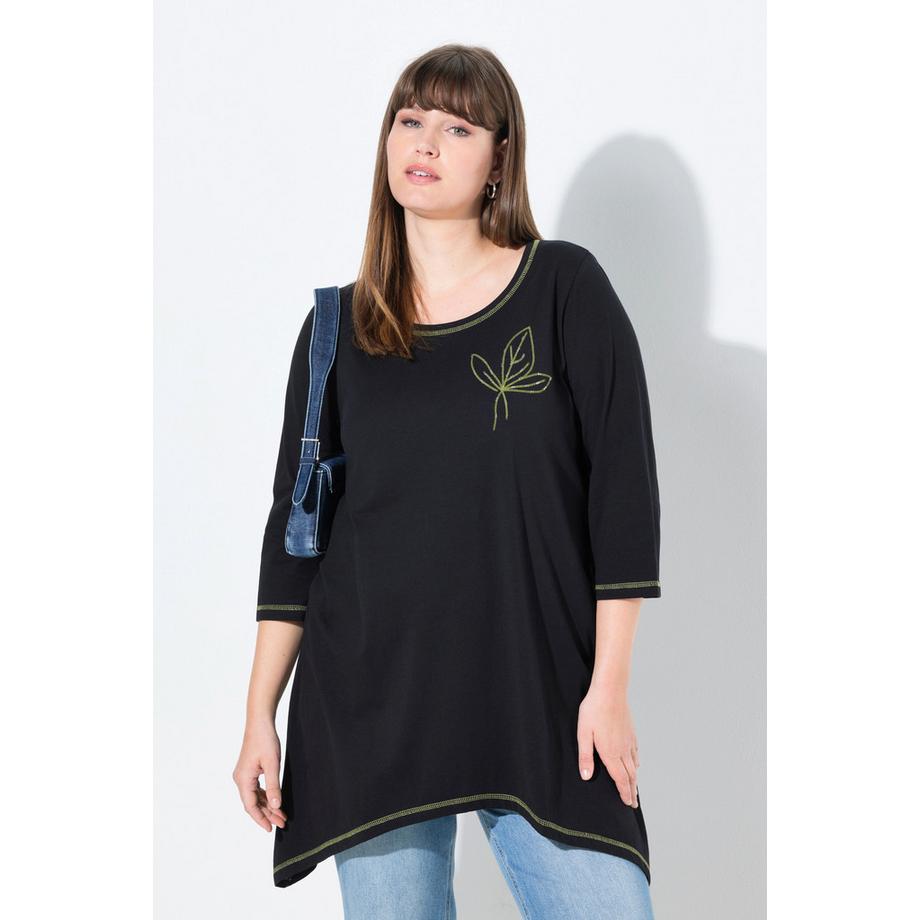 Ulla Popken Broderie Coupe Évasée Col Rond Manches 3/4 T-shirt  