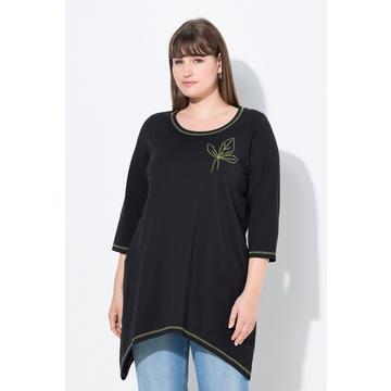 T-shirt en coton bio, feuille brodée, décolleté rond et manches 3/4, coupe évasée