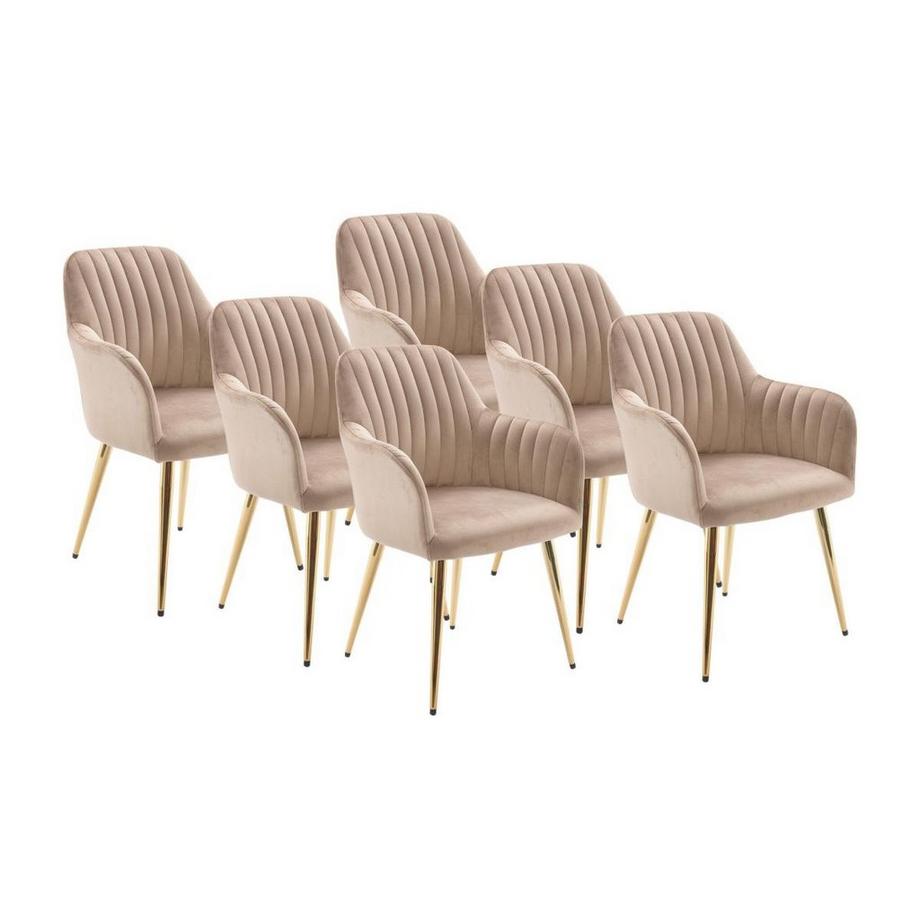 Lot de 6 chaises avec accoudoirs en velours et métal doré - Beige - ELEANA